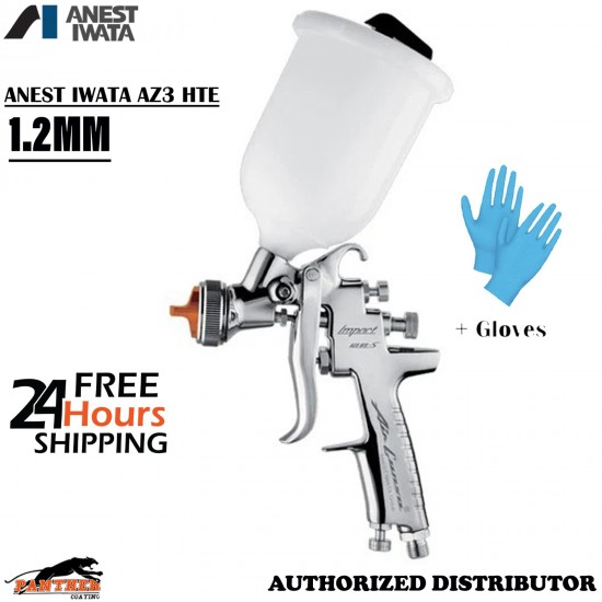 ANEST IWATA AZ3 HTE-S Impact Chrome 1.2mm HTE-S1 Paint Spray Gun + Gloves