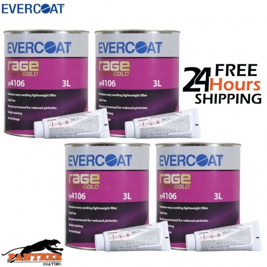 4 X EVERCOAT RAGE GOLD 104106 RAGE GOLD POLYESTER BODY FILLER & BPO HARDENER 3LT