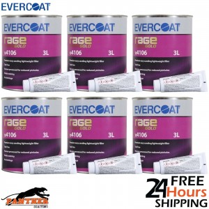 6 X EVERCOAT RAGE GOLD 104106 RAGE GOLD POLYESTER BODY FILLER & BPO HARDENER 3LT