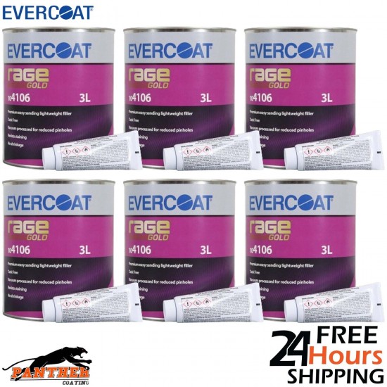 6 X EVERCOAT RAGE GOLD 104106 RAGE GOLD POLYESTER BODY FILLER & BPO HARDENER 3LT