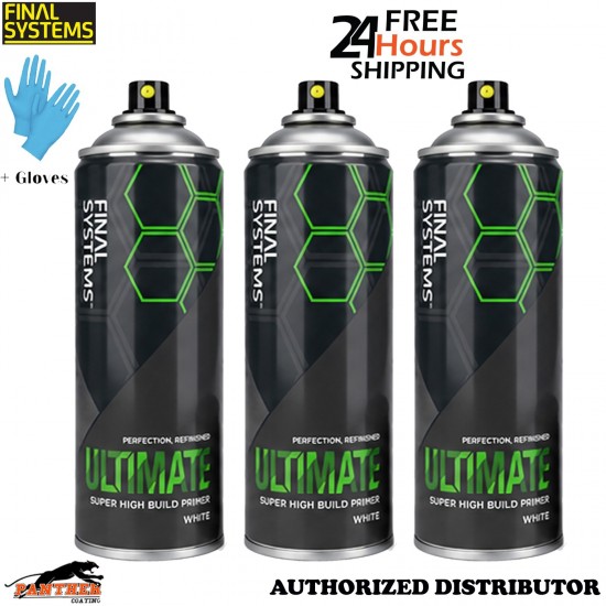 3x Final Systems 400ml White High Build Primer Spray Automotive Bodyshop +Gloves