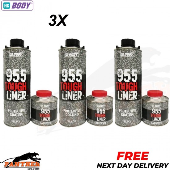 3X HB BODY 955 TOUGH BED LINER COATING 3 BOTTLE KIT WITH HARDENER - BLACK