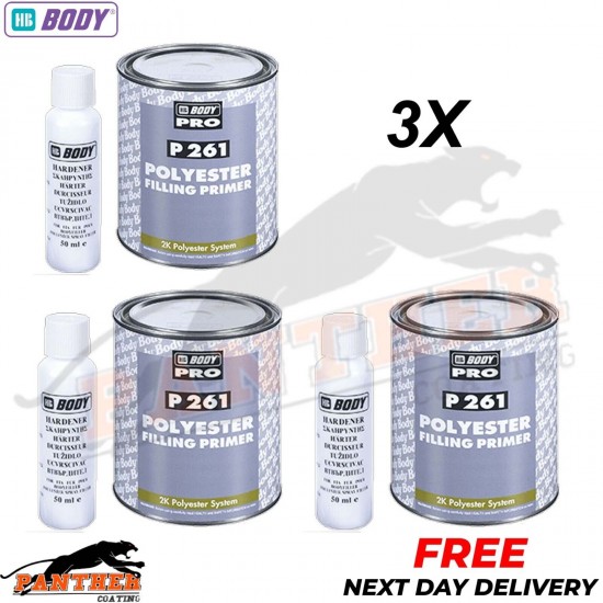 3x HB BODY PRO P261 POLYESTER SPRAY FILLER PRIMER WITH HARDENER