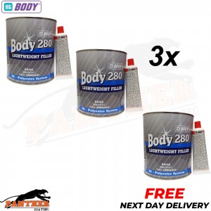 3 x HB Body 3 Litre Bodyfiller HB280 Beige Lightweight 2K Polyester filler 3L
