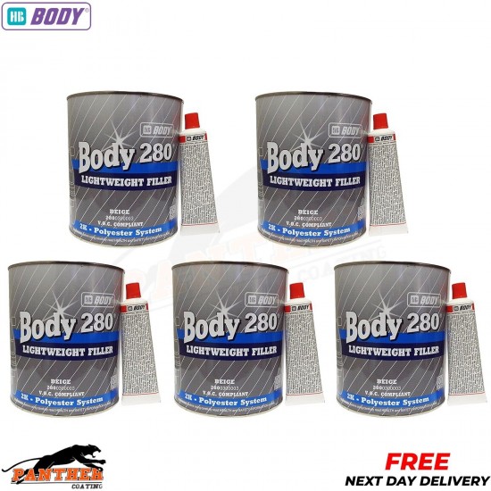 5 x HB Body body 280 3 Litre Body filler Beige Lightweight 2K Polyester filler