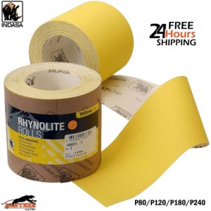 Indasa 115mm x 50m Yellow Line Sandpaper Rolls – P80 to P240 Grit Options