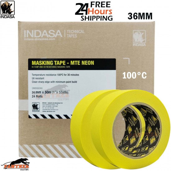 INDASA 36mm x 50m MTE-Neon Masking Tape – 100°C Heat Resistant – 24 Roll Box