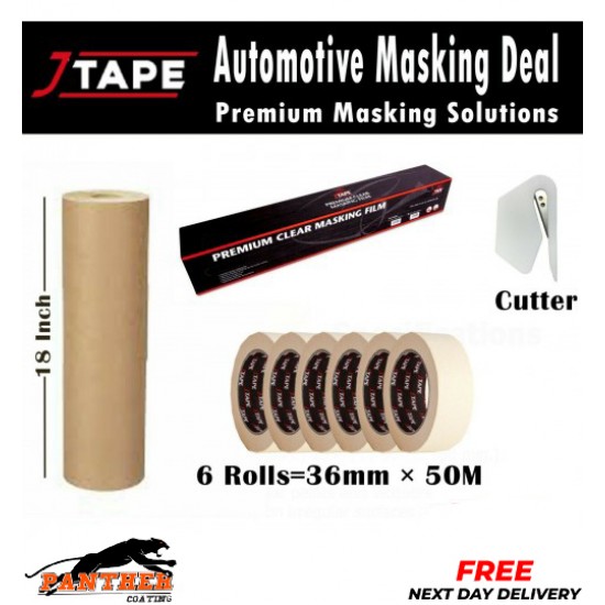 J MASKING TAPE AUTOMOTIVE 36MM X 50M MASKING POLY FILM 120M, 18" PAPER EASY TEAR