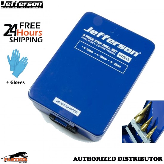 JEFSTPSHSS03 3pc HSS Step Drill Bit Titanium Coated Metal Hole Opener + Gloves