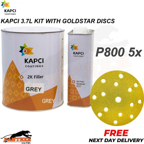 Kapci 3.75L 2K High Build Filler Primer Kit Grey - With Gold Star Discs P800 5x