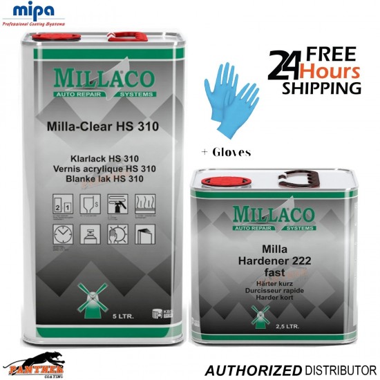 Millaco HS310 2K Clearcoat 5L + 222 Fast Hardener 2.5L 7.5L Paint Kit + Gloves