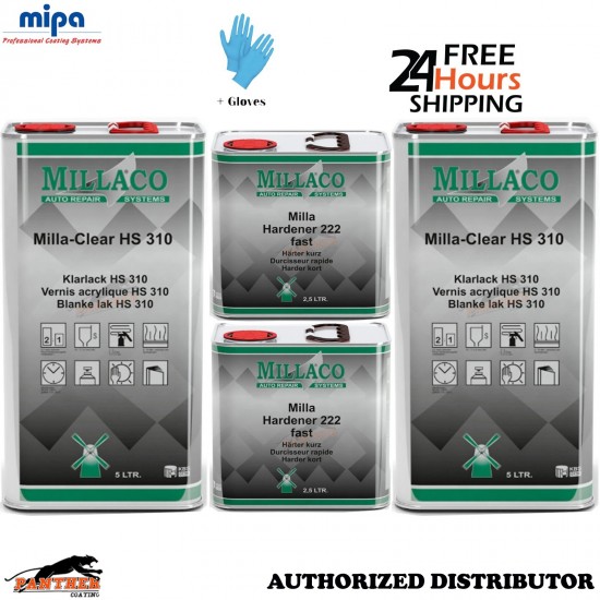 2x Millaco HS310 2K Clearcoat 5L + 222 Fast Hardener 2.5L 7.5L Paint Kit +Gloves