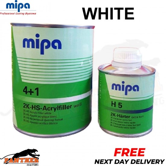 MIPA 4+1 Acrylfiller High Build Primer - White- 1L Activator H5 0.25L 2k -4 + 1