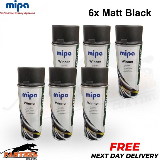 6x Mipa Winner Acrylic Spray Acrylic Paint Matt Black 400ml Aerosol