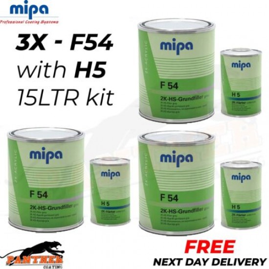 3x Mipa F54 4-1 2K HS Grundfiller HIGH BUILD PRIMER W/ H5 HARDENER GREY-15L KIT