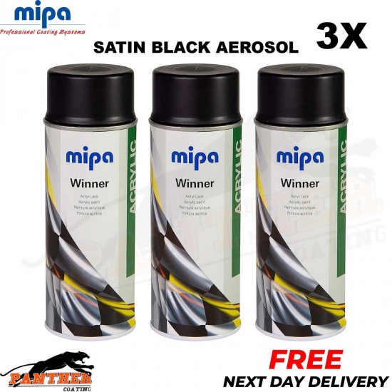 3x Mipa Winner Acrylic Spray Acrylic Paint Satin Black 400ml Aerosol