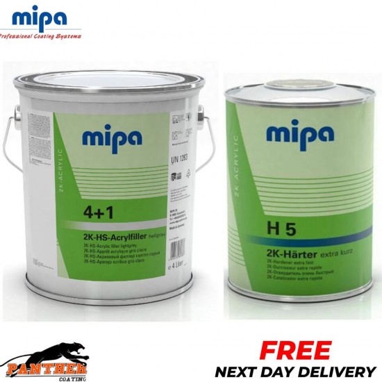 MIPA 4 + 1 ACRY FILLER 2K PRIMER HIGH BUILD LIGHT GREY 4LTR + H5 1LTR 5LTR KIT