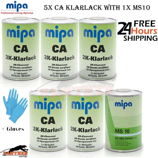 MIPA CA 6L 2K Clearcoat Kit 5x1L Lacquer + MS10 Hardener DTM + Gloves