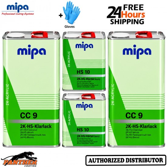 2x MIPA CC9 HS Clear Coat 15L Kit HS10 Fast Hardener High Gloss Lacquer + Gloves