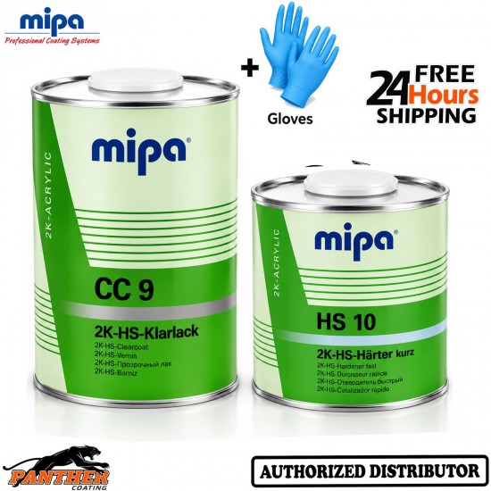 MIPA CC9 HS Clearcoat Lacquer 1.5L Kit HS10 Fast Hardener High Gloss + Gloves