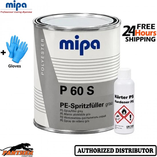 MIPA P60 S 2K High Build Spray Filler Primer Grey 1L Hardener Kit + Gloves