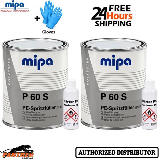 MIPA P60 S 2K Polyester Spray Filler Grey 1L X2 Kit With Hardener + Gloves