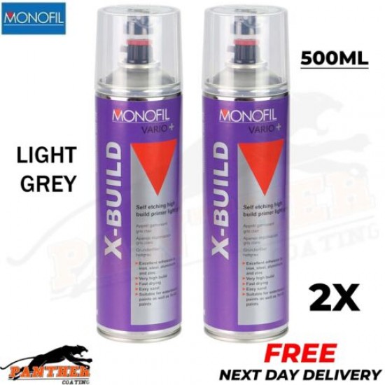 2x MONOFIL VARIO+ X BUILD SELF ETCH PRIMER FILLER LIGHT GREY SPRAY Aerosol 500ml