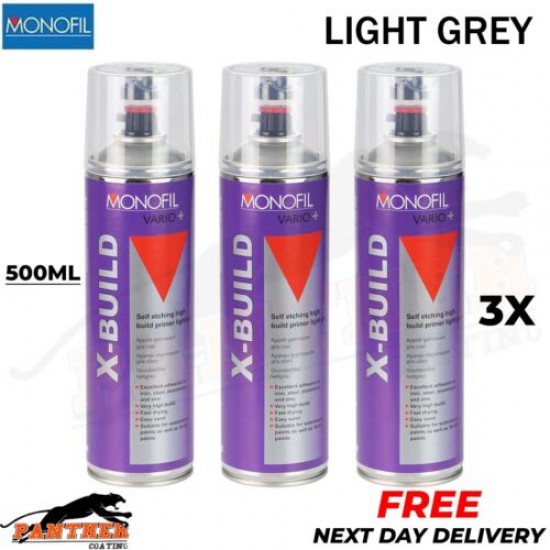 3x MONOFIL VARIO+ X BUILD SELF ETCH PRIMER FILLER LIGHT GREY SPRAY Aerosol 500ml