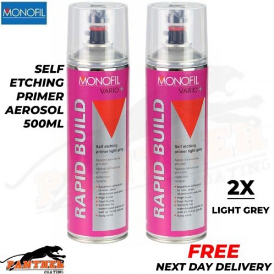 2x MONOFIL VARIO+ RAPID BUILD SELF ETCHING PRIMER LIGHT GREY Aerosol 500ml