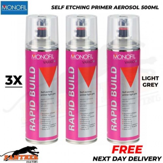 3x MONOFIL VARIO+ RAPID BUILD SELF ETCHING PRIMER LIGHT GREY Aerosol 500ml