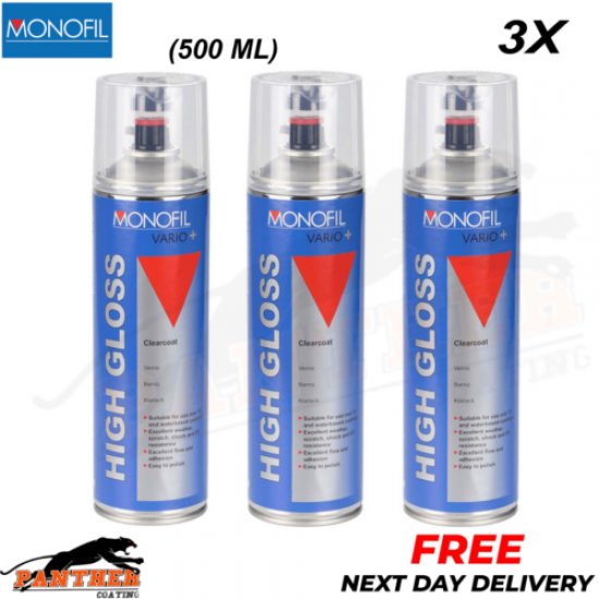 3x MONOFIL VARIO+ HIGH GLOSS CLEARCOAT FINISH LACQUER SPRAY CLEAR Aerosol 500ml