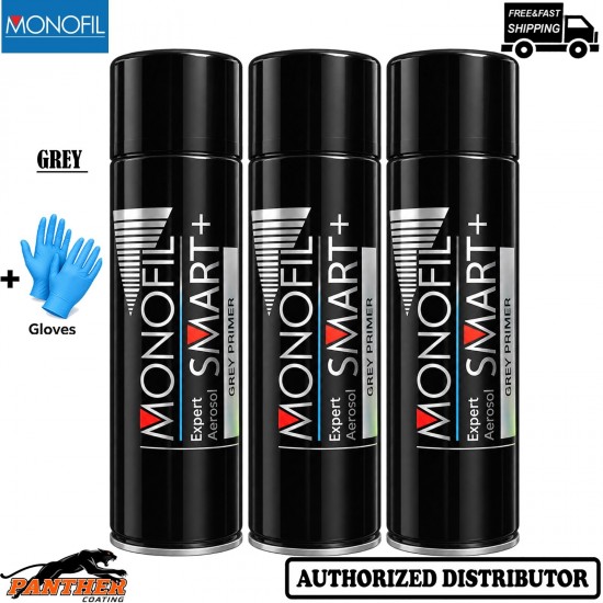 3x MONOFIL SMART+ Grey Filler Primer 500ml Automotive Aerosol + Gloves