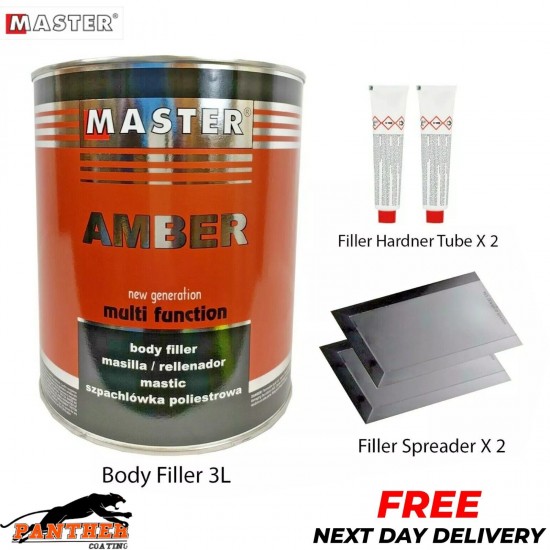 Master Amber Polyester Body Filler 3 Litre - Includes Hardener & Spreader