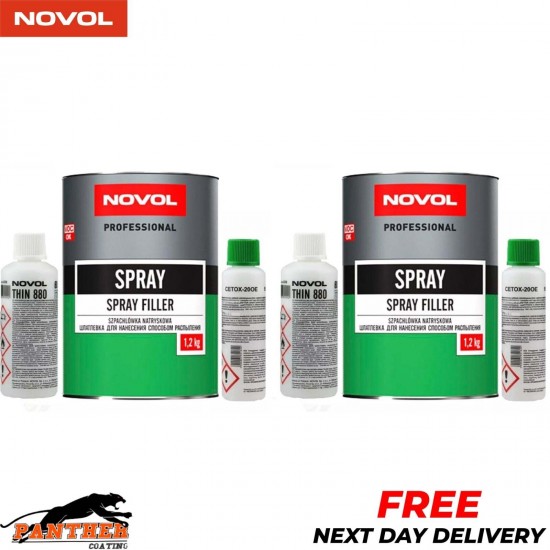 2x NOVOL POLYESTER SPRAY FILLER KIT 1.2KG + THINNER & HARDENER