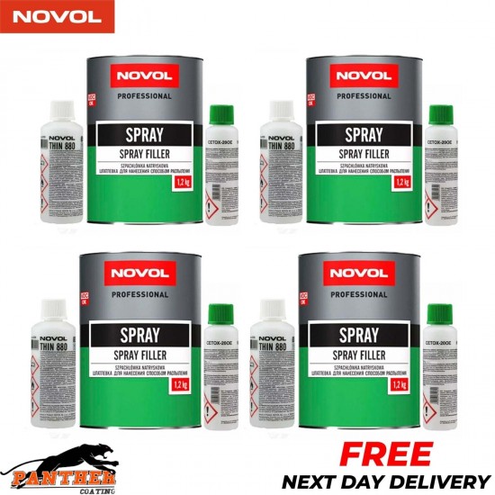 4x NOVOL POLYESTER SPRAY FILLER KIT 1.2KG + THINNER & HARDENER