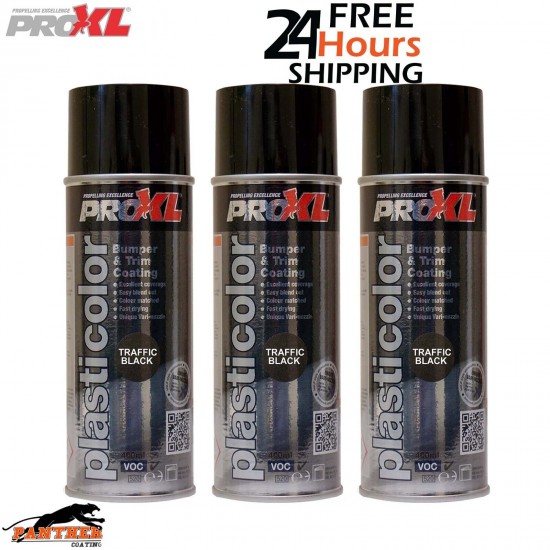 3x PRO XL PRO PLASTICOLOR BUMPER TRIM PAINT AEROSOL 400ML- PC5TB TRAFFIC BLACK