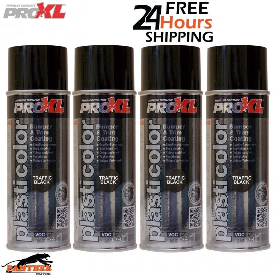 4x PRO XL PRO PLASTICOLOR BUMPER TRIM PAINT AEROSOL 400ML- PC5TB TRAFFIC BLACK