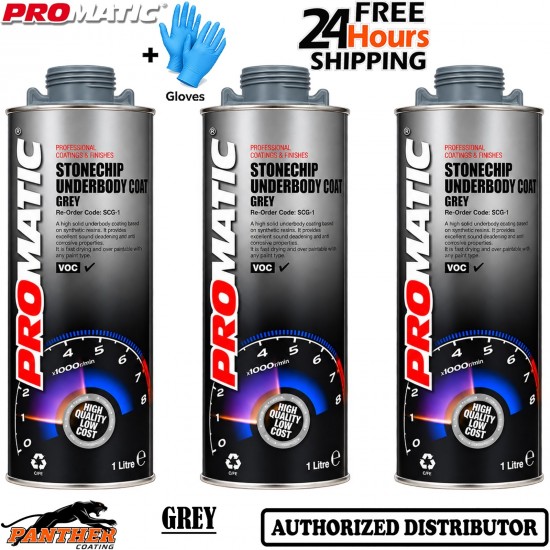 3X Promatic Stone Chip Grey 1L Car Underbody Anti Corrosion Coating + Gloves