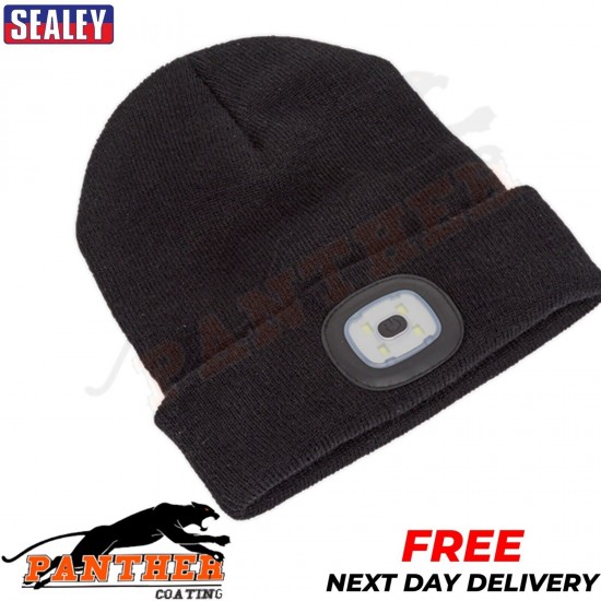 Sealey - LED185 Unisex Beanie Hat With LED Head Light Torch Rechargeable Via USB
