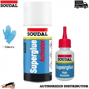 Soudal High Viscosity Superglue 50g + Superglue Activator Spray 200ml + Gloves