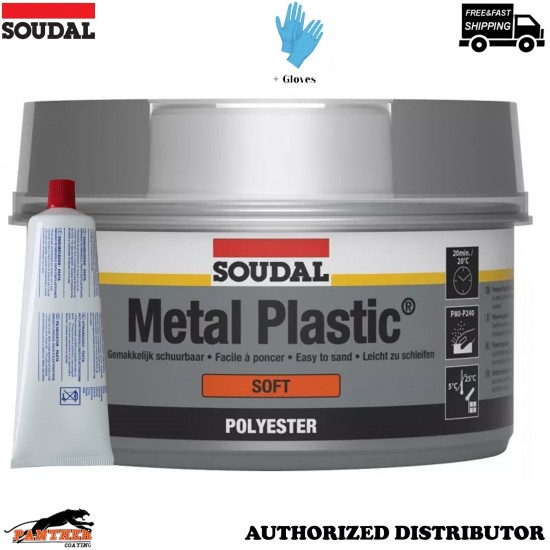 Soudal Metal Plastic Soft Polyester Body Filler 1kg + Hardener Tube + Gloves
