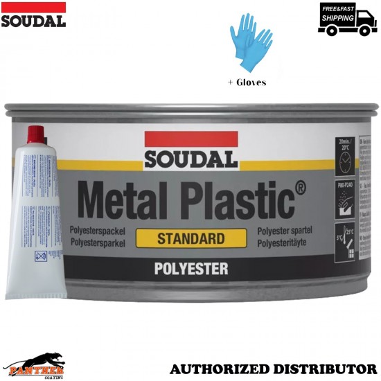 Soudal Metal Plastic Standard Grey Body Filler 1kg + Hardener Tube + Gloves
