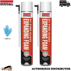 2x Soudal Trade Expanding Foam B1 750ml Fire Rated Hand Held PU Foam + Gloves