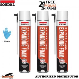 3x Soudal Trade Expanding Foam B1 Fire Class 750ml Hand Held Foam Filler+Gloves
