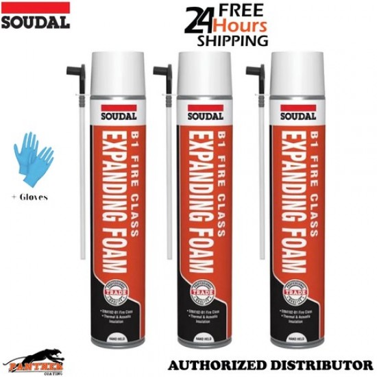 3x Soudal Trade Expanding Foam B1 Fire Class 750ml Hand Held Foam Filler+Gloves