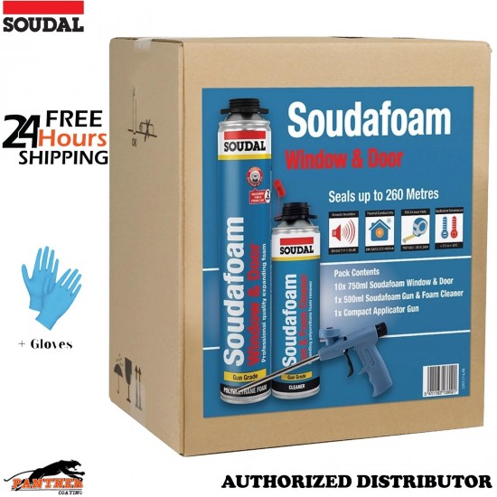 Soudal 10x 750ml Window Door PU Foam Filler+Applicator Gun+500ml Cleaner+ Gloves