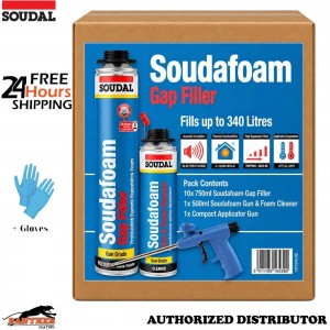 Soudal 10x 750ml Gap Filler Expanding Foam + Compact Gun + 500ml Cleaner +Gloves