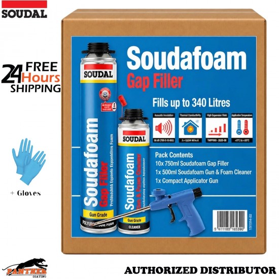 Soudal 10x 750ml Gap Filler Expanding Foam + Compact Gun + 500ml Cleaner +Gloves