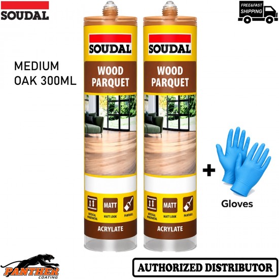 2x Soudal Parquet Sealant Medium Oak 300ml Wood Floor Gap Joint Filler + Gloves