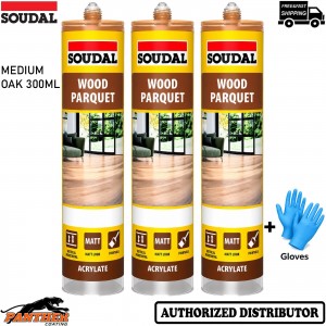 3x Soudal Parquet Sealant Medium Oak 300ml Wood Flooring Joint Sealant + Gloves